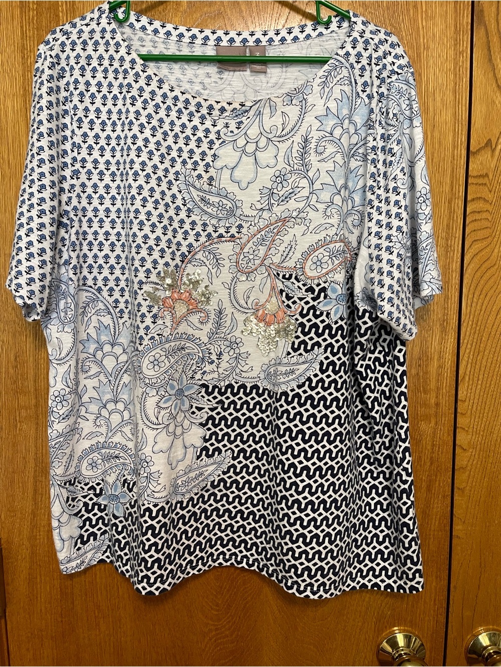 Chico's Blue, White & Coral Patchwork Short Sleeve Top